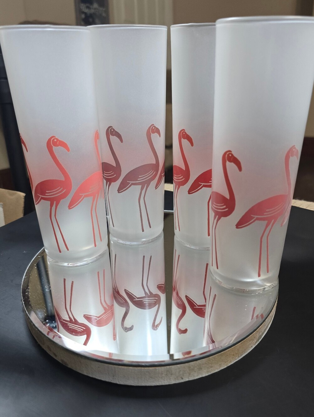 Vintage Frosted Highball Glasses with Coral Pink Flamingo Design